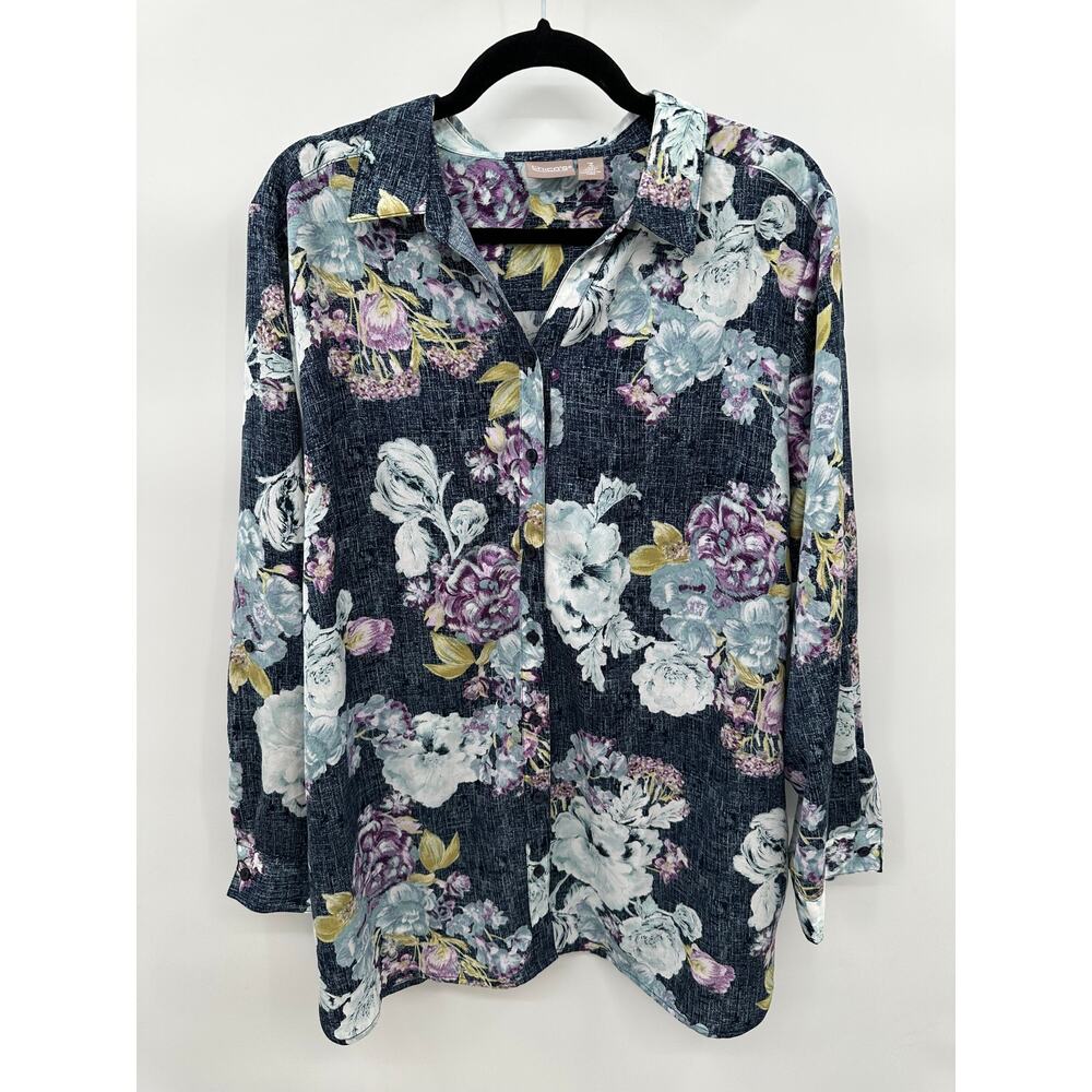 Chicos Size 3 Women's XL Floral Long Sleeve Button Down Tunic Dark Blue Purple